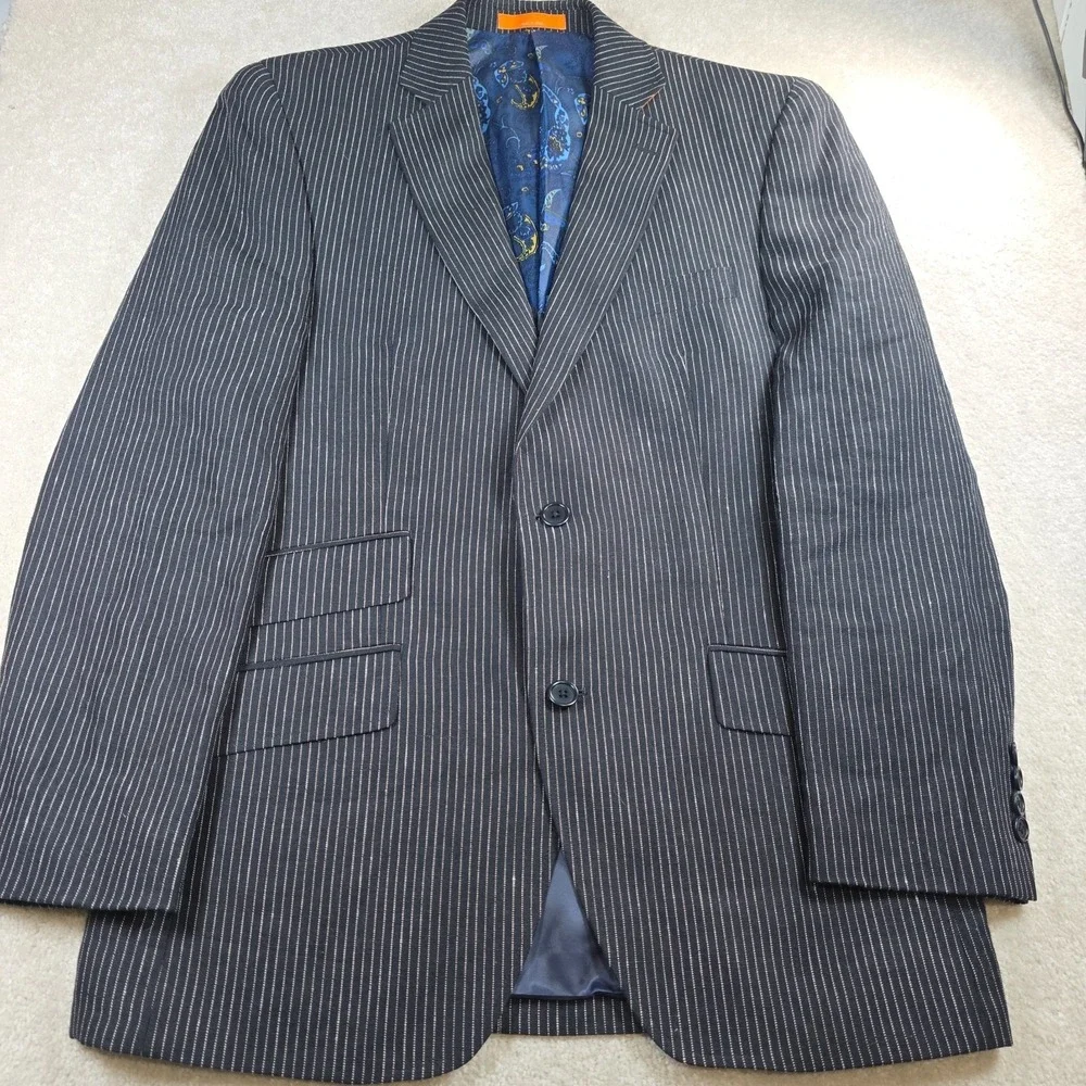 Tallia Sport Coat Mens 38R Navy Pinstripe 100% Linen Blazer Modern Fit Blue